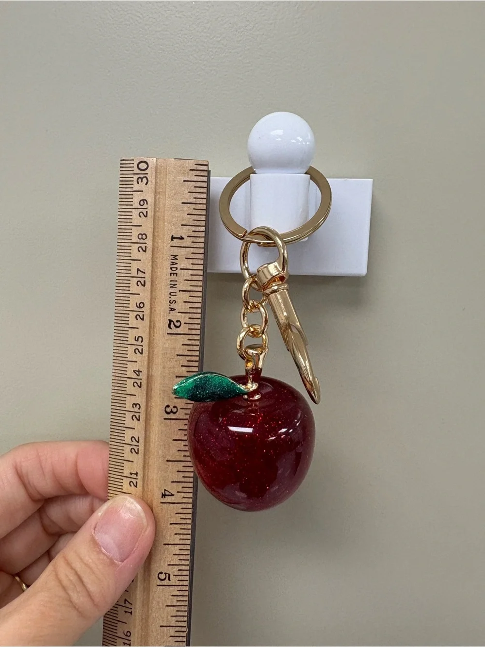 Sparkling Red Glitter Apple Green Leaf Bag Charm & Gold Keychain NWOT